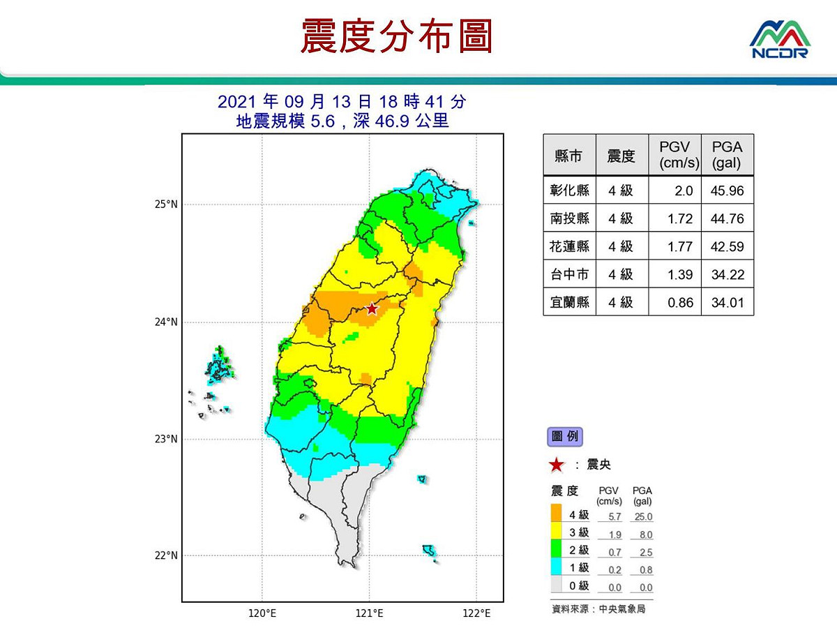 13日晚間南投發生規模5.6地震，多個縣市震度達4級。 圖：國家災害防救科技中心／提供