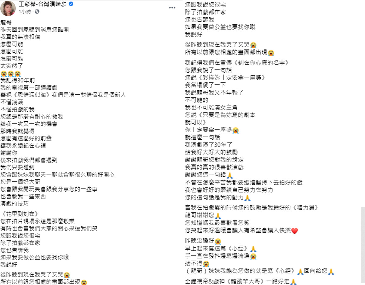 王彩樺PO文透露對龍劭華的不捨。 圖：翻攝自王彩樺臉書