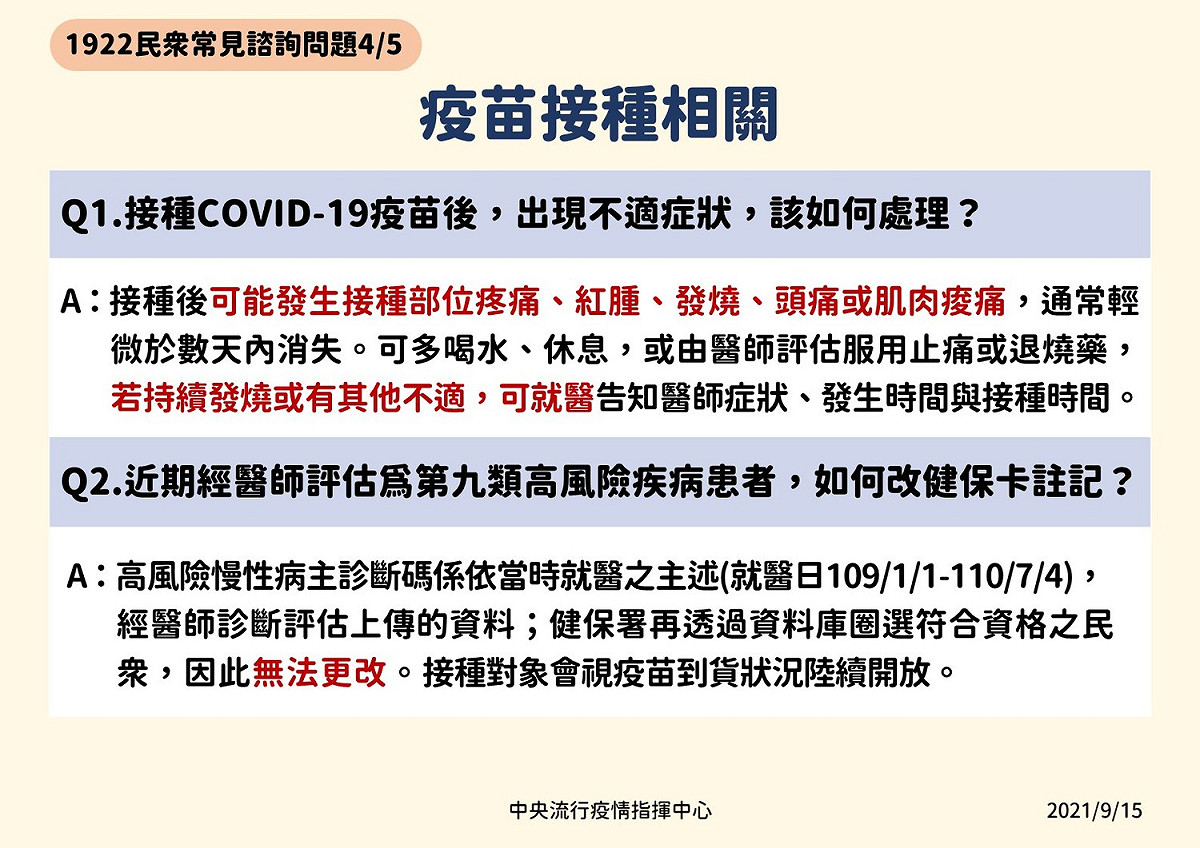 有關疫苗接種問題。 圖：指揮中心／提供