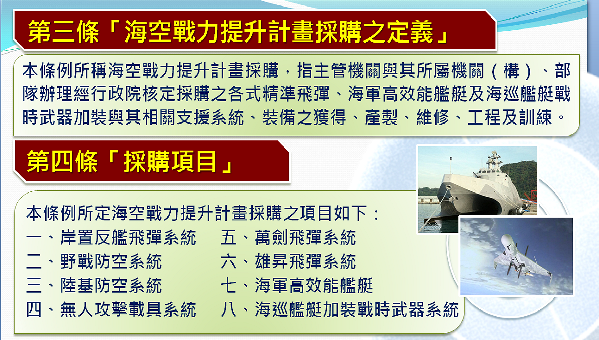 海空戰力提升計畫採購的定義和8項採購項目。 圖：國防部提供