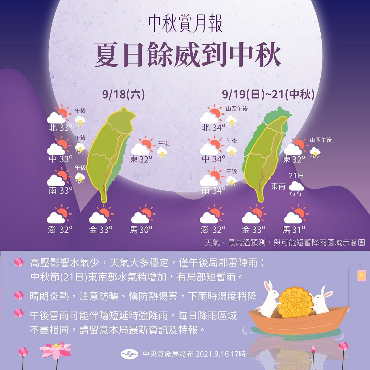 中秋連假天氣大致晴朗炎熱(黃色區域為可能短暫降雨地區)。 圖：中央氣象局／提供
