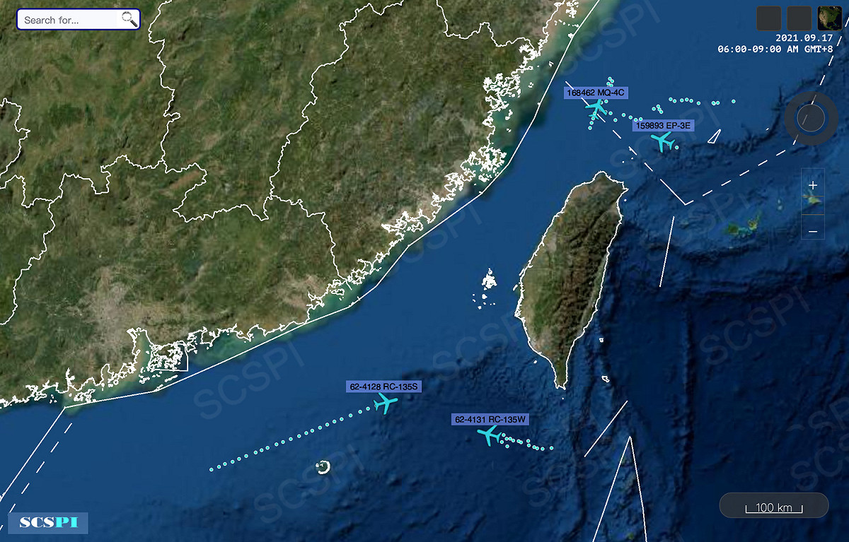 17日美軍一口氣出動4種不同機型對東海及南海域進行偵察，「正巧」在台灣頭尾，形成另類美軍護台的畫面。 圖：翻攝 SCS Probing Initiative推特
