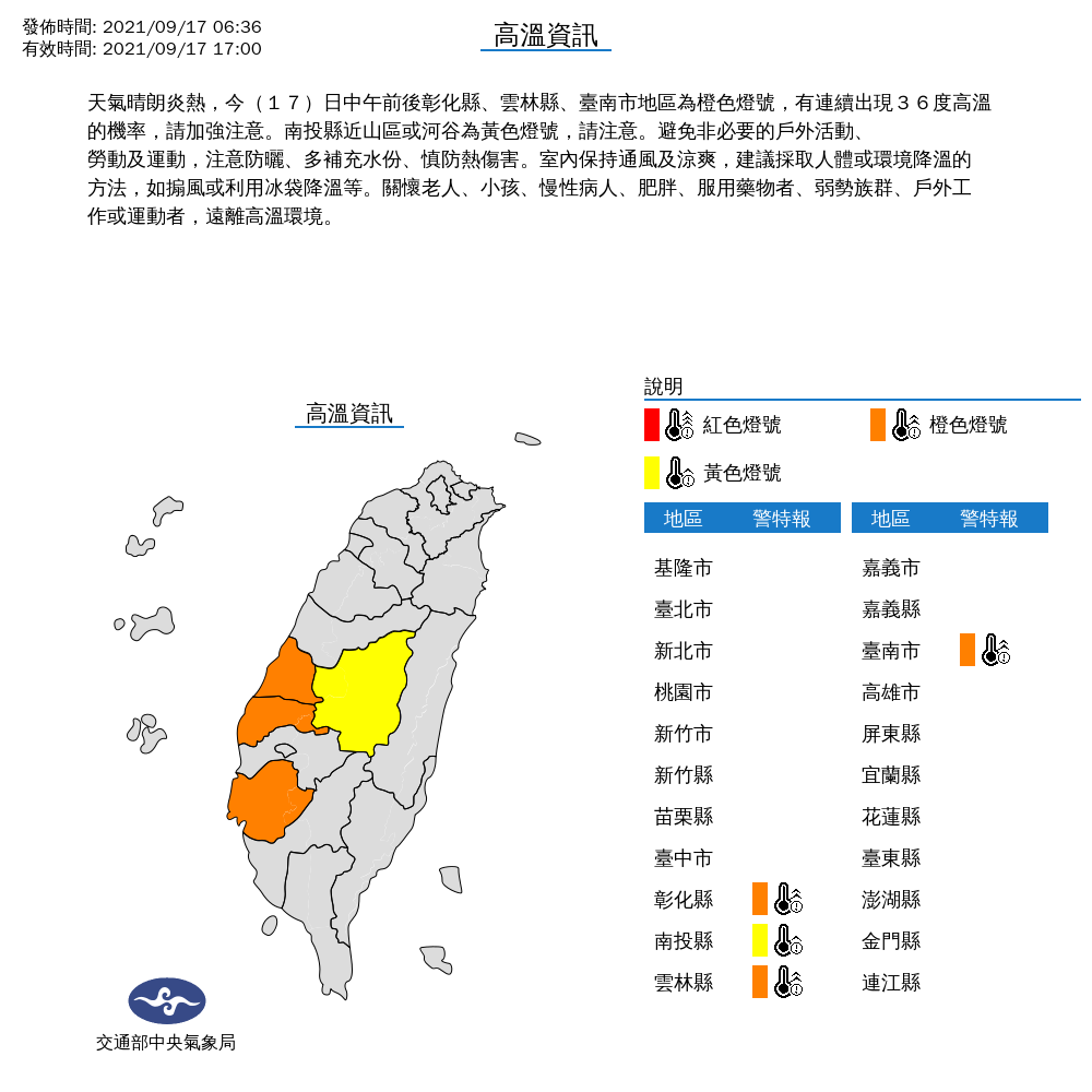 氣象局對彰化、南投、雲林、台南發布高溫特報。 圖：中央氣象局/提供