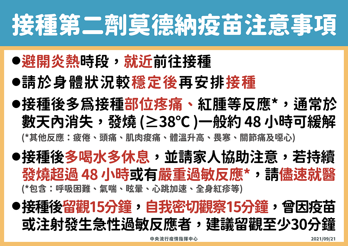 接種第二劑莫德納疫苗注意事項 。 圖：指揮中心/提供