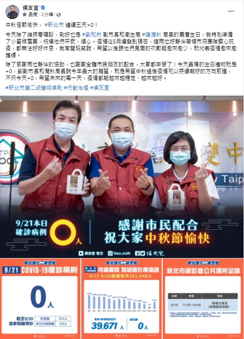 侯友宜除了感謝劉和然及陳潤秋2位夥伴的協助，也謝謝全體市民朋友配合防疫，「大家都辛苦了！」 圖：翻攝侯友宜臉書