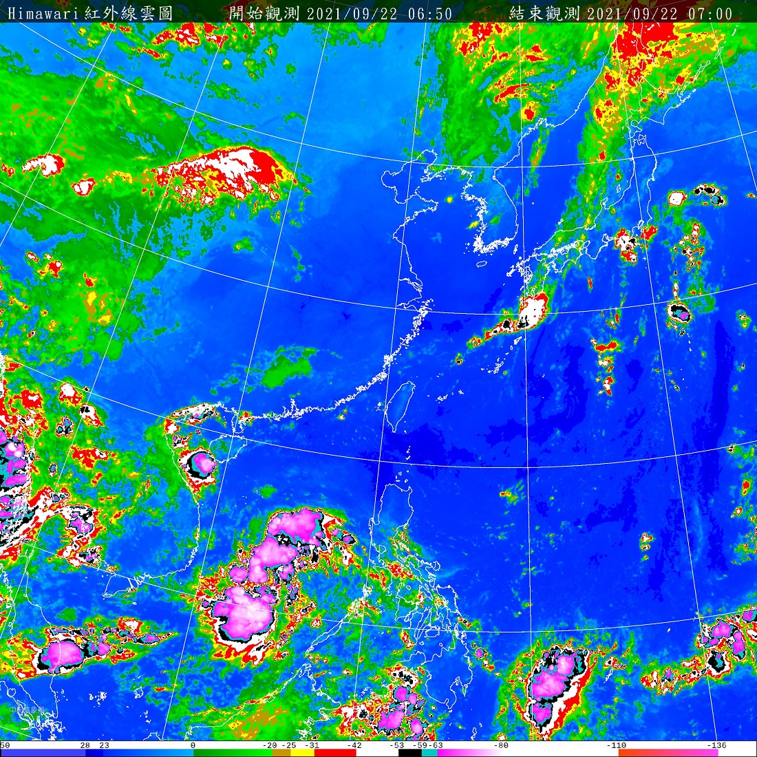 琉球南方海面有高氣壓近似滯留，今、明（23日）2天，全國各地以及離島金門，大多為多雲到晴，午後有局部短暫雷陣雨的天氣型態。 圖：中央氣象局/提供