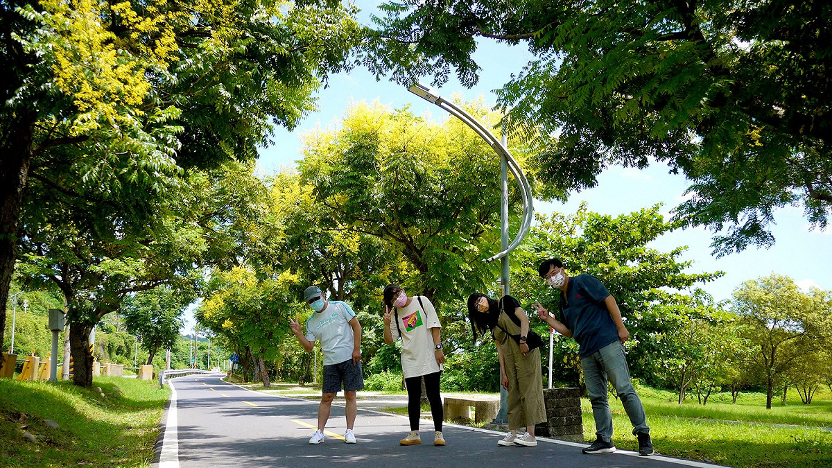 綠意盎然的新北河濱自行車道換上秋季限定的金黃衣裝。 圖：新北市水利局提供