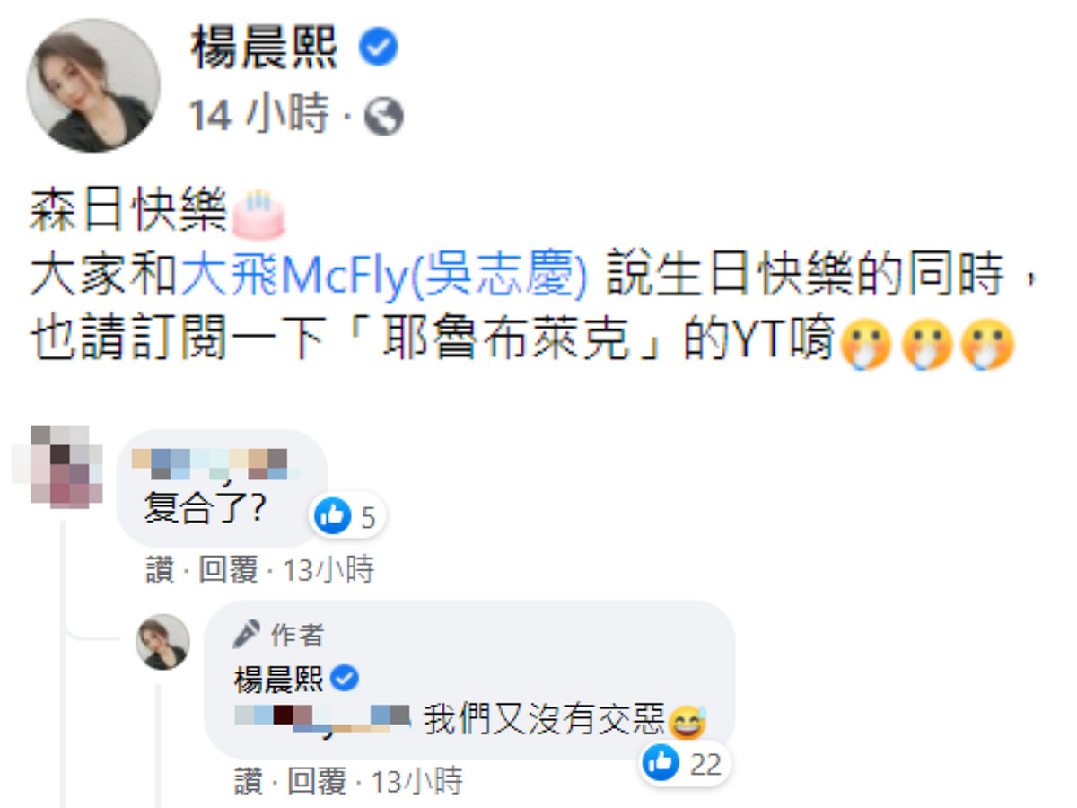 楊晨熙面對網友提問是否復合，回應表示「我們又沒有交惡」。 圖：翻攝自楊晨熙臉書