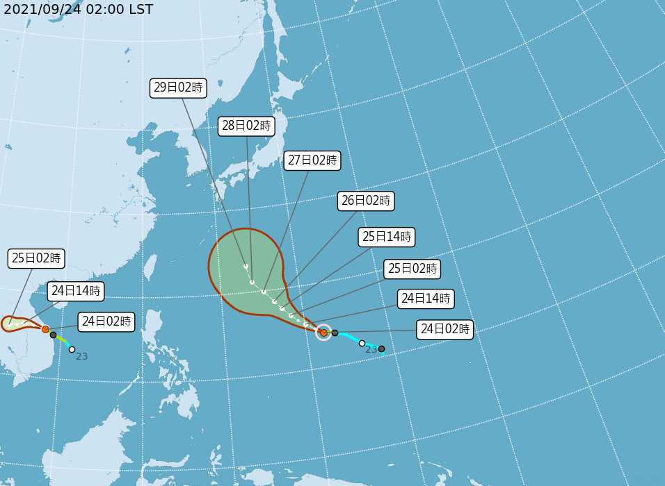 目前在太平洋地區有2個颱風，一個是在台灣東南側的輕颱「蒲公英」，一　個在越南附近的輕颱「電母」，對台灣暫時都沒有影響。 圖：中央氣象局/提供