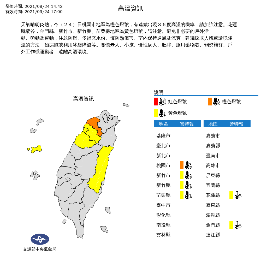 氣象局對桃竹苗、花蓮及金門發布高溫特報。 圖：中央氣象局/提供