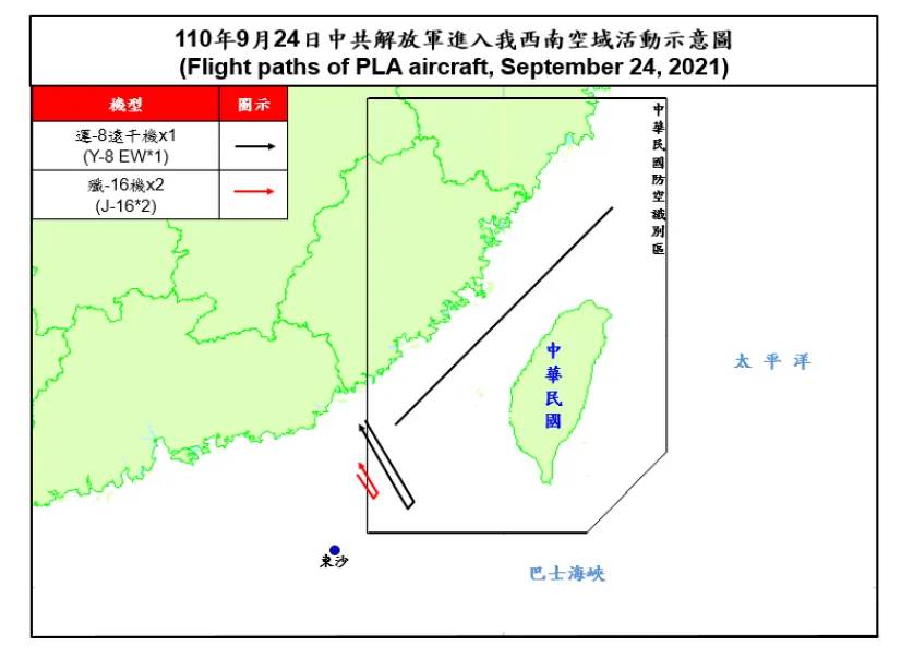 圖為今（24）日中共解放軍進入我國西南空域活動示意圖。 圖：國防部提供