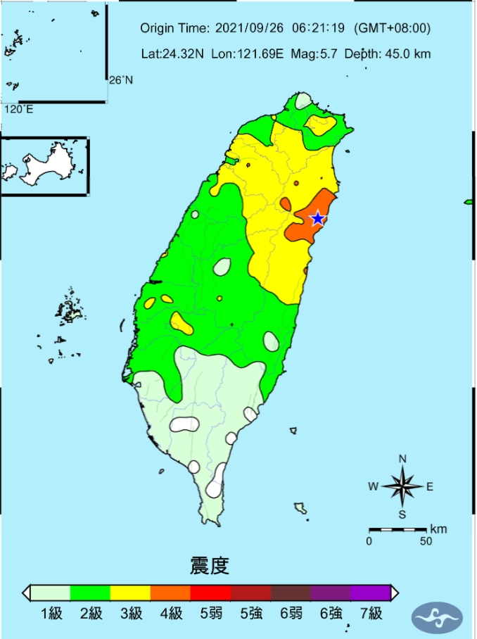 今天清晨6時21分發生規模5.7地震，震央位於花蓮縣秀林鄉，此圖為各地震度圖 。 圖/「報地震 - 中央氣象局」