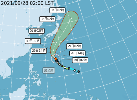 「蒲公英」颱風今天凌晨2時的位置，在台北東南東方1610公里海面上，根據目前路徑預測，暫時沒有直接登陸日本的機會。 圖：中央氣象局/提供