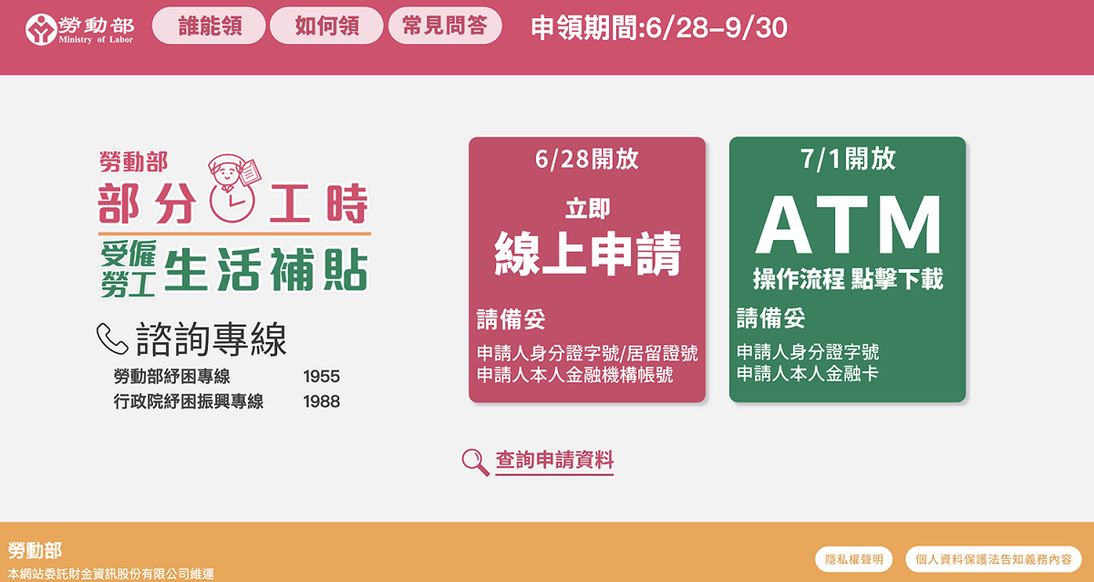 勞工1萬元補貼只到今天！勞動部呼籲民眾儘速提出申請，逾時將不予發給。 圖：擷取自勞動部官網