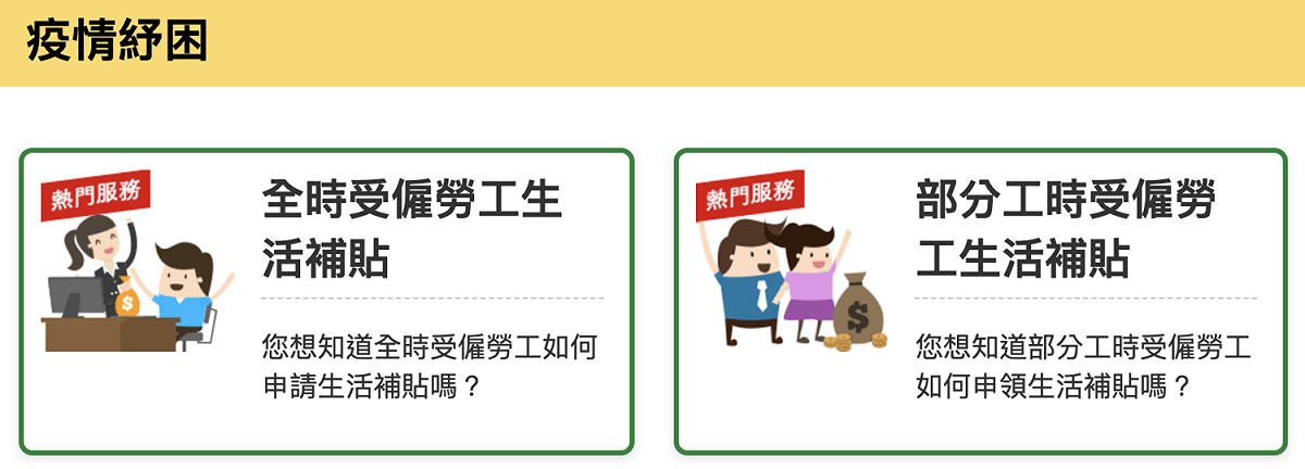 勞動部辦理之「全時受僱勞工生活補貼」及「部分工時受僱勞工生活補貼」，受理只到今天。 圖：擷取自勞動部官網