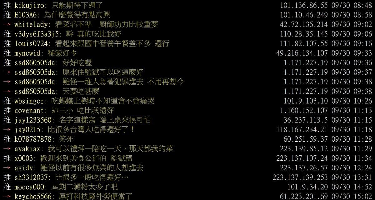 底下有不少人留言，看守所公布的菜單看起來真的好好吃。 圖：擷取自PTT