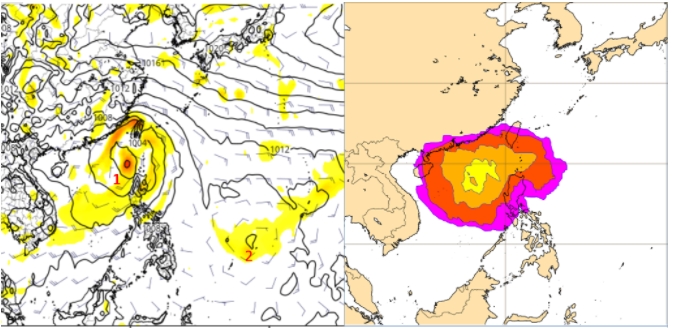 最新歐洲(ECMWF)模式模擬下週五20時預測圖(左圖)顯示，南海(左圖1)及菲律賓東方海面(左圖2)皆有熱帶擾動活動的跡象；歐洲系集模式，同一時間颱風分布機率圖(右圖)則顯示，機率最高處在南海，在台灣附近機率大約在5至20%之間。(左圖擷自tropical tidbits) 圖/「三立準氣象· 老大洩天機」專欄