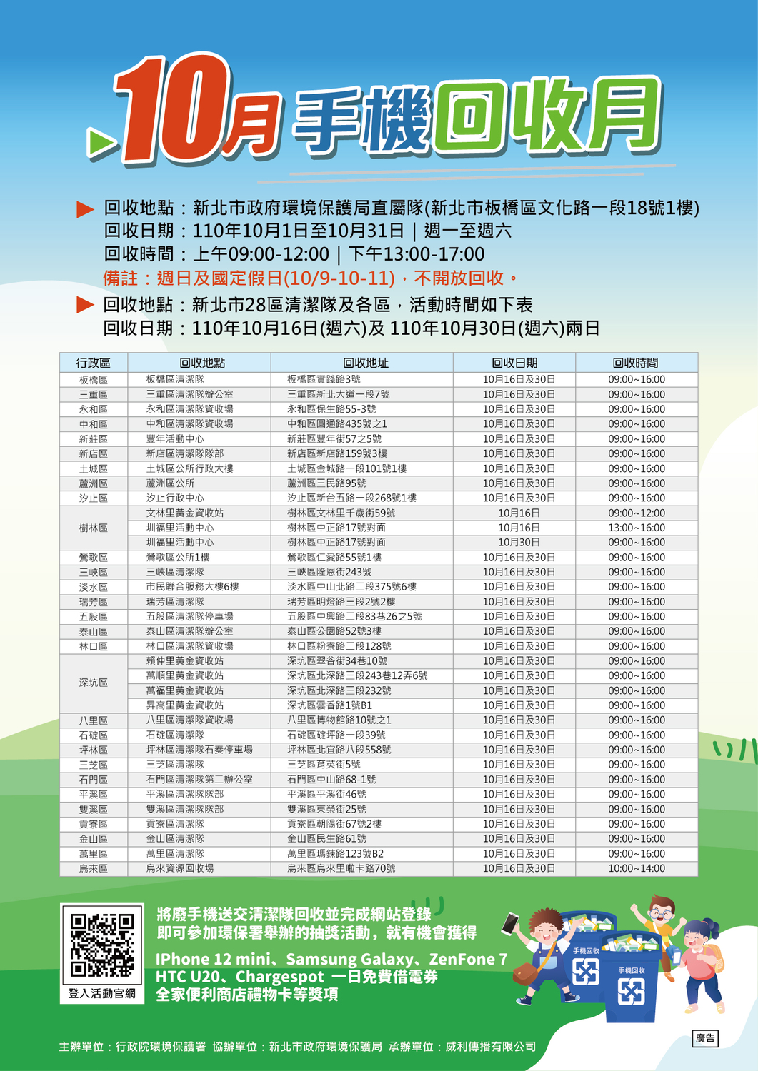 新北市28區清潔隊排定10月16日及30日為手機特定回收日，歡迎民眾拿手機來回收。