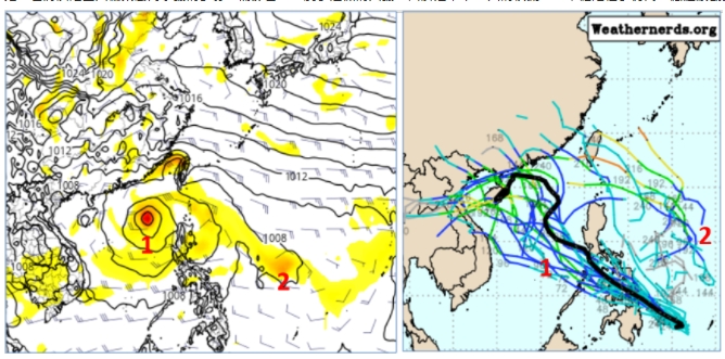 最新(2日20時)歐洲(ECMWF)模式模擬週六(9日)20時預測圖(左圖)顯示，南海(左圖1)及菲律賓東方海面(左圖2)皆有熱帶擾動活動的跡象。歐洲系集模式50次未來10天的模擬路徑(右圖)顯示，熱帶擾動穿過菲律賓、進入南海，與台灣相對距離或近或遠，有很大差距。 圖/「三立準氣象· 老大洩天機」 (擷自tropical tidbits &amp; Weathernerds)
