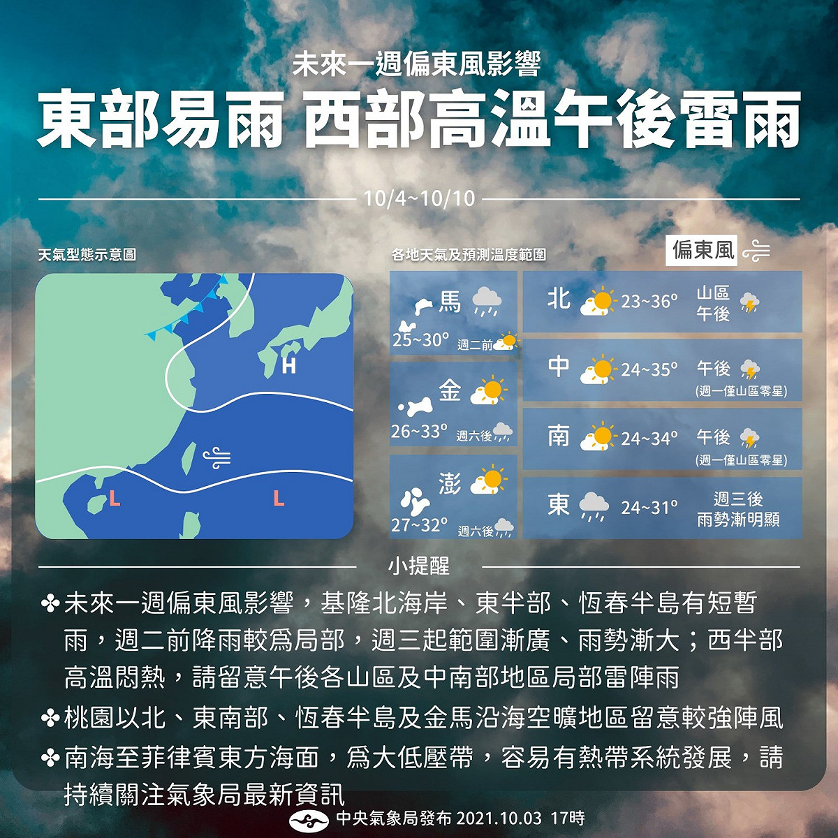 氣象局今發布下周天氣預報指出，下周東半部，易雨。西半部則有局部高溫、午後雷雨的情況。 圖：氣象局/提供