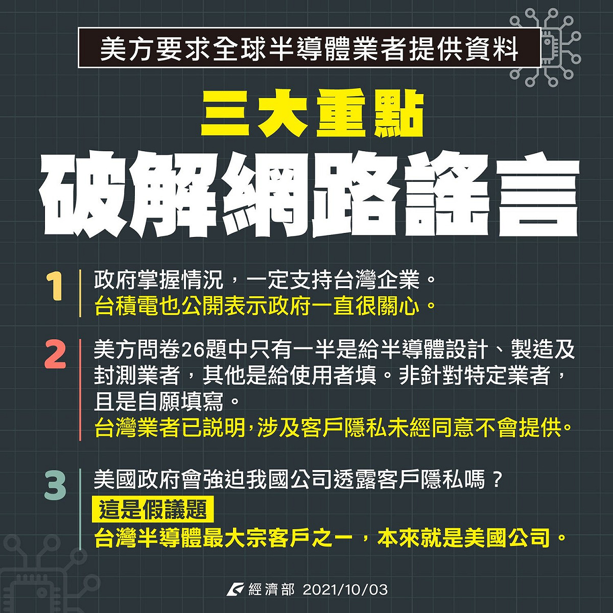 經濟部三大重點破解網路謠言。 圖：取自經濟部臉書