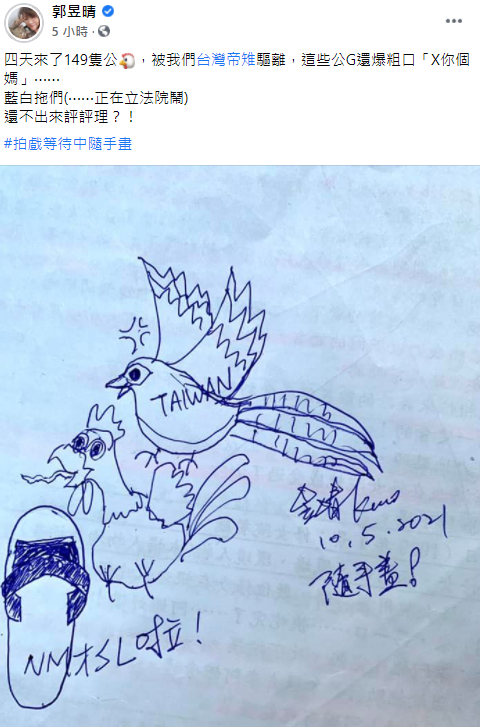 郭昱晴生氣直言「這些公G還爆粗口『X你個媽』⋯⋯藍白拖們還不出來評評理？！」 圖：翻攝自郭昱晴臉書
