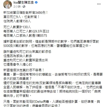 醫生淺談新國疫情現況。 圖：翻攝自Icu醫生陳志金臉書