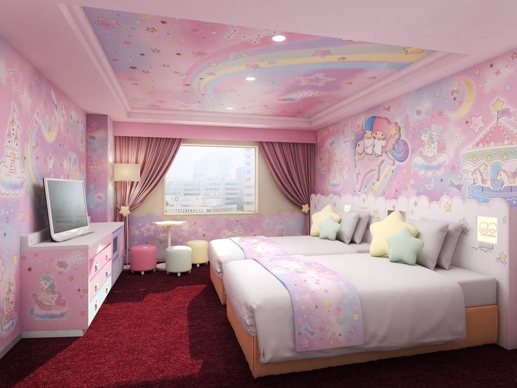 關懷星球誕生的雙胞胎KiKi與LaLa，騎乘獨角獸遨遊於雲端樂園場景設計的「雙子星」； 圖：東京觀光事務所台灣辦事處／提供