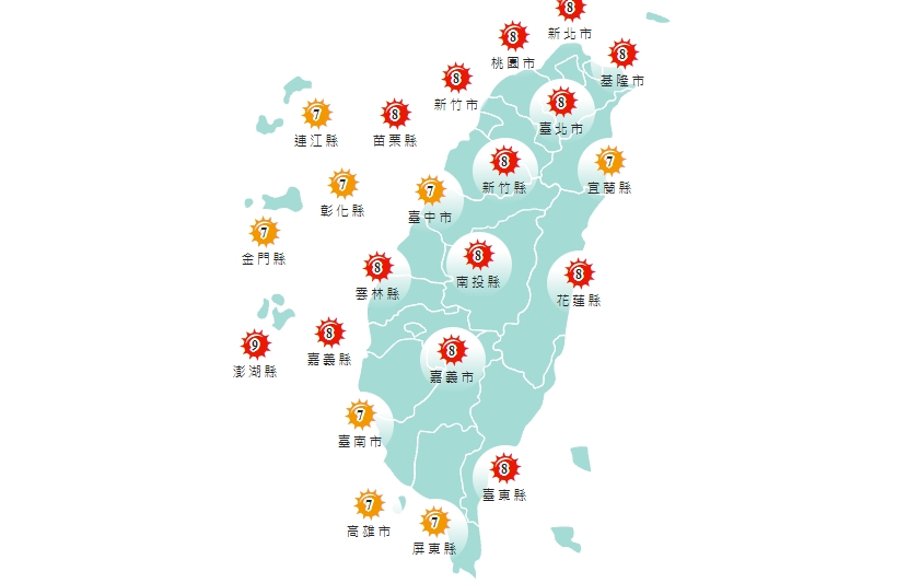 今天全台多縣市紫外線過量。 圖/中央氣象局