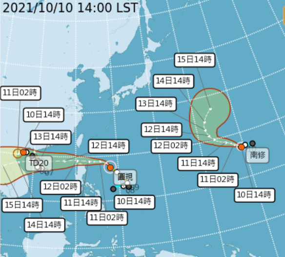 第19號颱風「南修」目前距離台灣東方約4000公里的海面上，預計朝日本東方海面移動，對台灣沒有影響；但氣象局表示，預報仍有不確定性，將密切監控。 圖：翻攝自氣象局