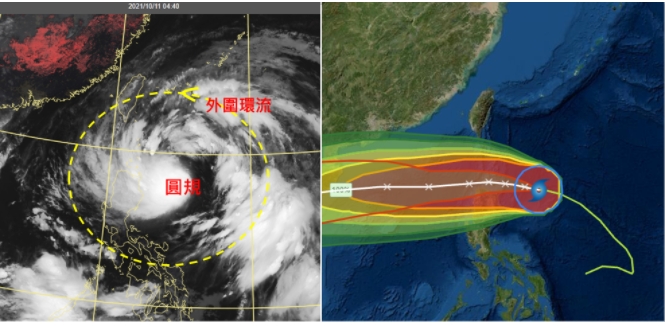 今晨4：40時衛星雲圖顯示，「圓規」中心結構仍在組織中，其外圍環流即為原「季風低壓環流」，故範圍很大(左圖)。中央氣象局11日2時「路徑潛勢預測圖」及「暴風圈侵襲機率圖」(右圖)顯示，「圓規」未來受太平洋高壓導引，以穿過巴士海峽、進入南海的機率最高。 圖/「三立準氣象．老大洩天機」