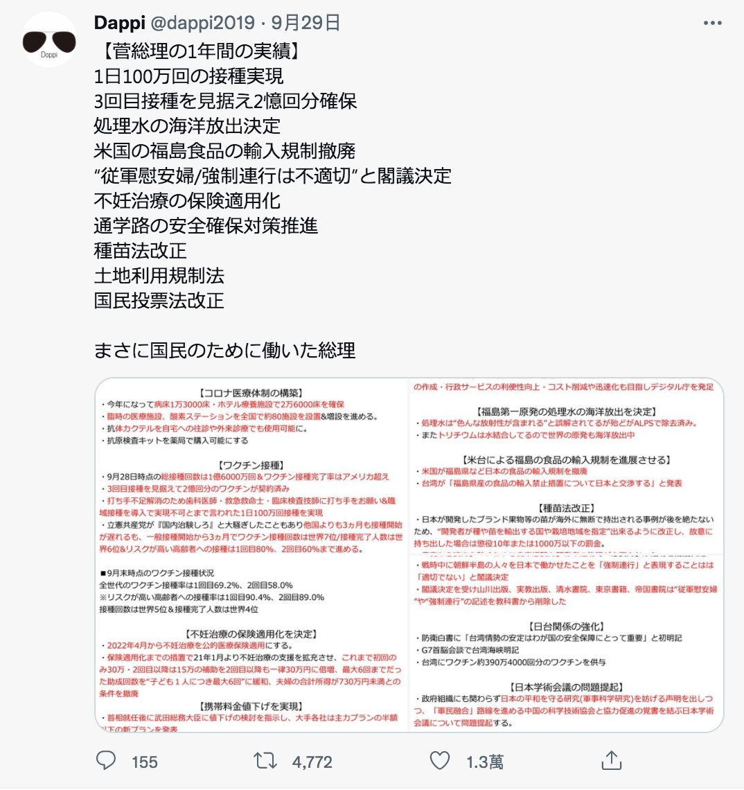 細數前首相菅義偉任內的政績發文 圖：翻攝推特
