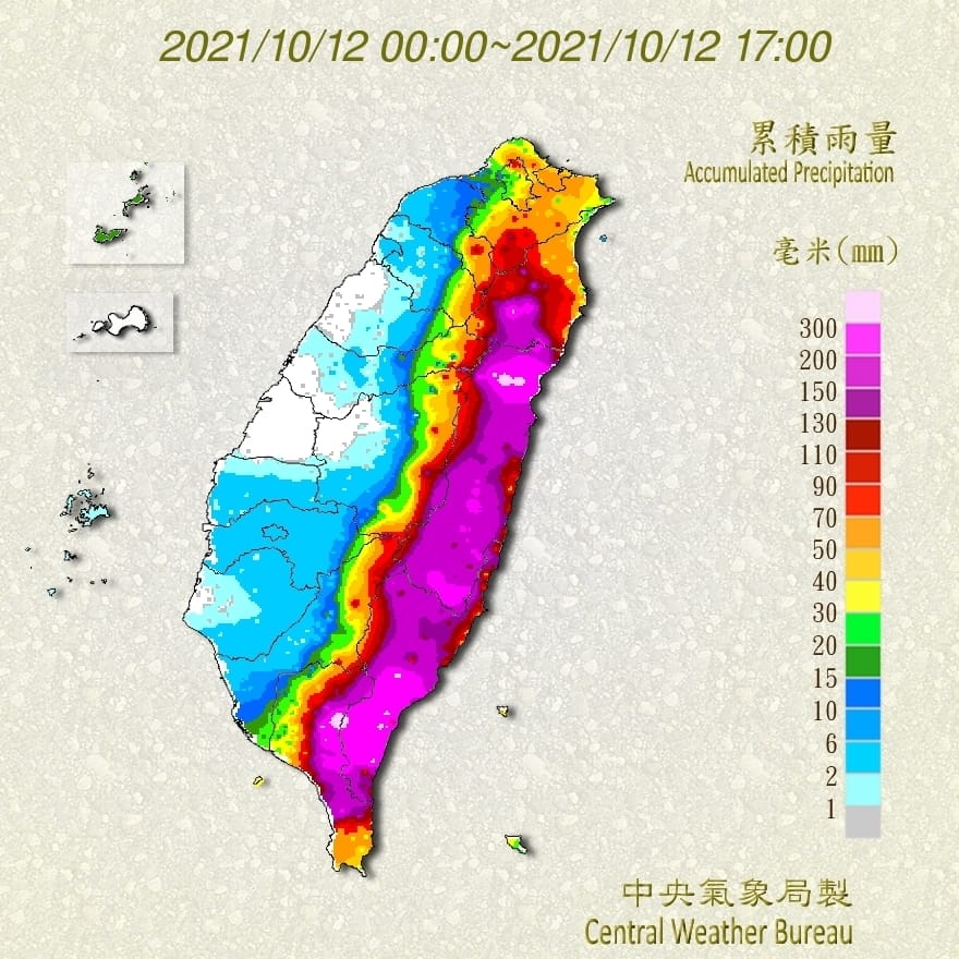 受到圓規颱風外圍環流影響，宜蘭、花蓮、台東、屏東降雨明顯。 圖：中央氣象局／提供