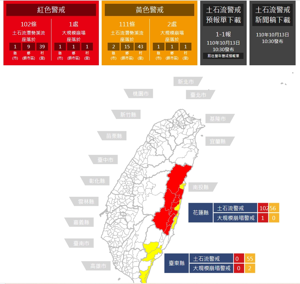 由於豪雨不斷，花蓮有102溪流列為土石流紅色警戒。 圖：擷取自土石流防災資訊網
