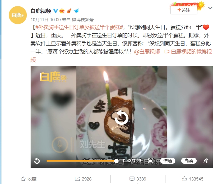 「外送人員送生日訂單反被送半個蛋糕」之影片，話題閱讀量已超過 2 億。 圖：擷取自白鹿視頻微博