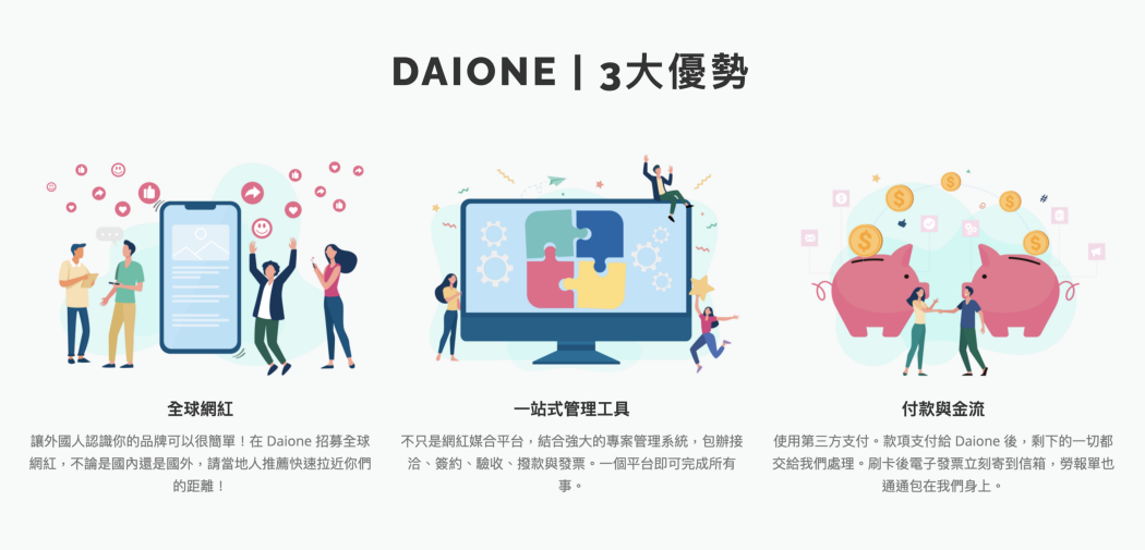 Daione 網紅媒合平台三大優勢。 圖：創夢市集／提供
