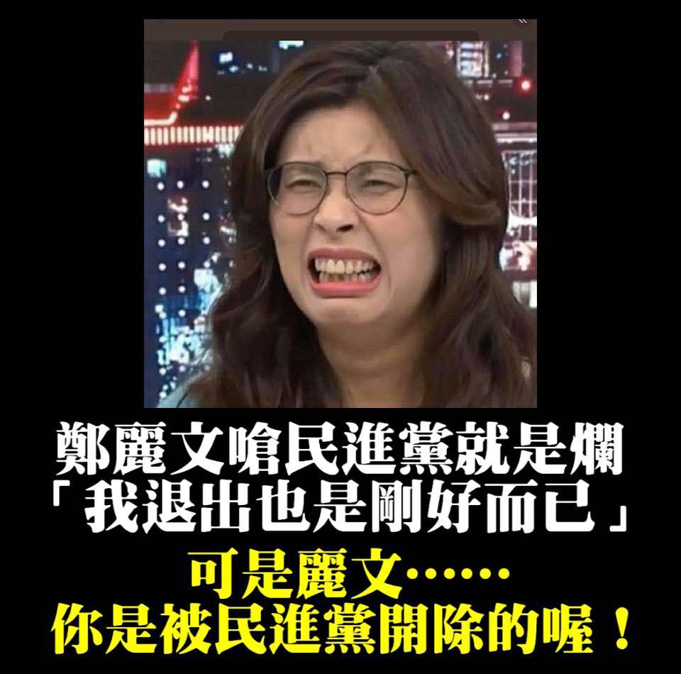 國民黨不分區立委鄭麗文聲稱是自己退出民進黨，結果被翻出原來是因為「舔耳案」涉及造謠影射，遭到開除。 圖：翻攝自我不綠，只是堵藍臉書