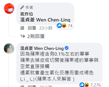 温貞菱本人親自回應，並寫下「蘋果本人來解答」。 圖：翻攝自氣炸伯臉書