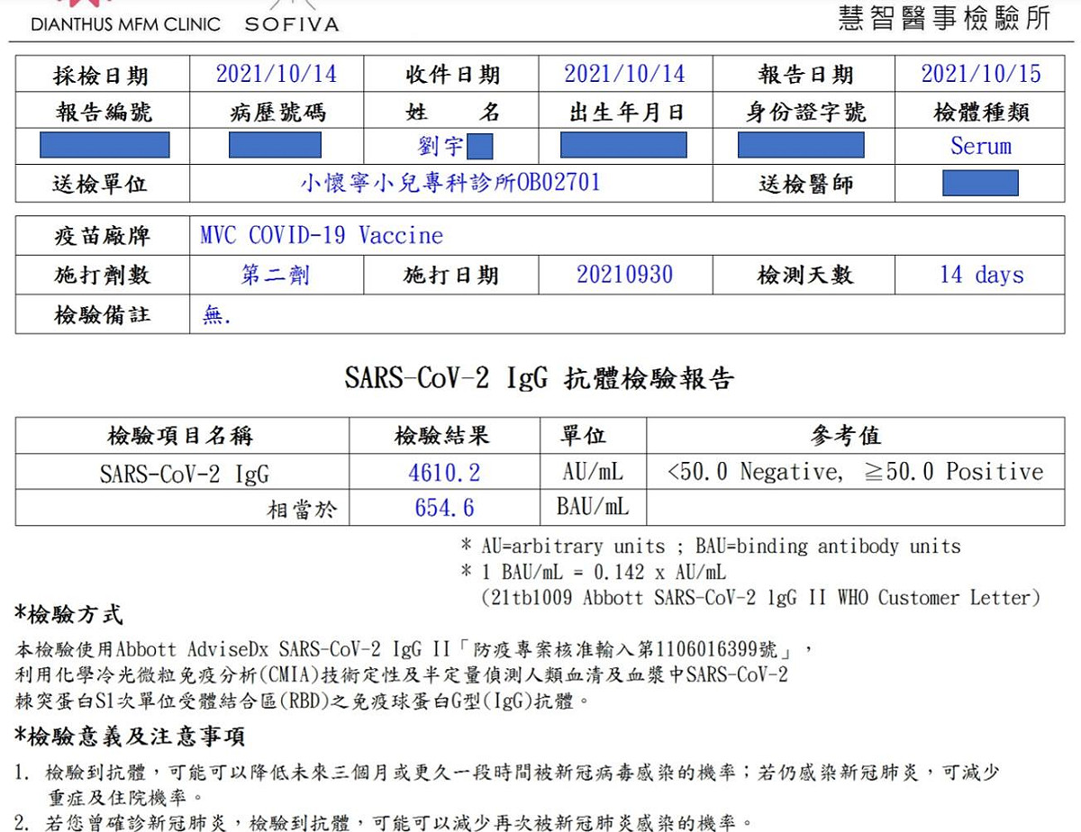 四叉貓分享高端疫苗第二劑施打後14天IgG抗體檢測。 圖：翻攝自四叉貓臉書