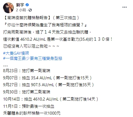 他預計11/1會進行最後一次抽血檢驗。 圖：翻攝自四叉貓臉書