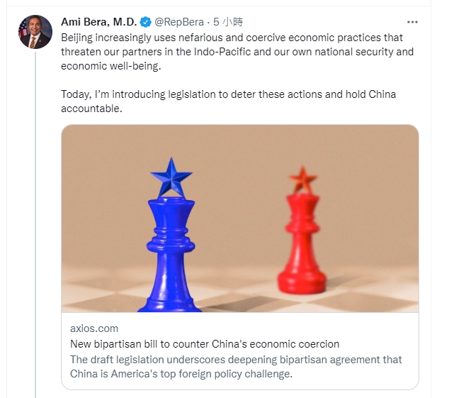 反中國經濟脅迫法案由貝拉（Ami Bera）與華格納（Ann Wagner）主導。 圖/截取自Ami Bera, M.D.推特