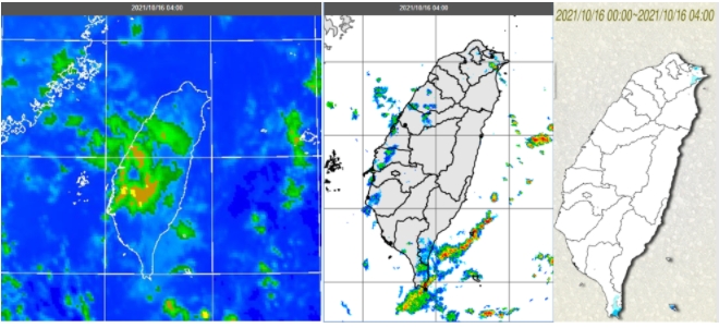 今(16日)晨4時紅外線色調強化衛星雲圖顯示，台灣各地雲層稀疏(左圖)。4時雷達回波合成圖顯示，東部海面上有零星回波，觸及恆春半島，其他地區的回波太弱(中圖)。今晨僅恆春半島、東北角有零星降雨(右圖)。 圖/「三立準氣象．老大洩天機」專欄