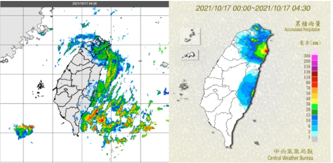 今晨4：50雷達回波合成圖(左圖)顯示，新竹以北、宜、花及部分北台東有降水回波。4：30累積雨量圖則顯示，新竹以北、宜、花及部分北台東有雨(右圖)。 「三立準氣象．老大洩天機」專欄