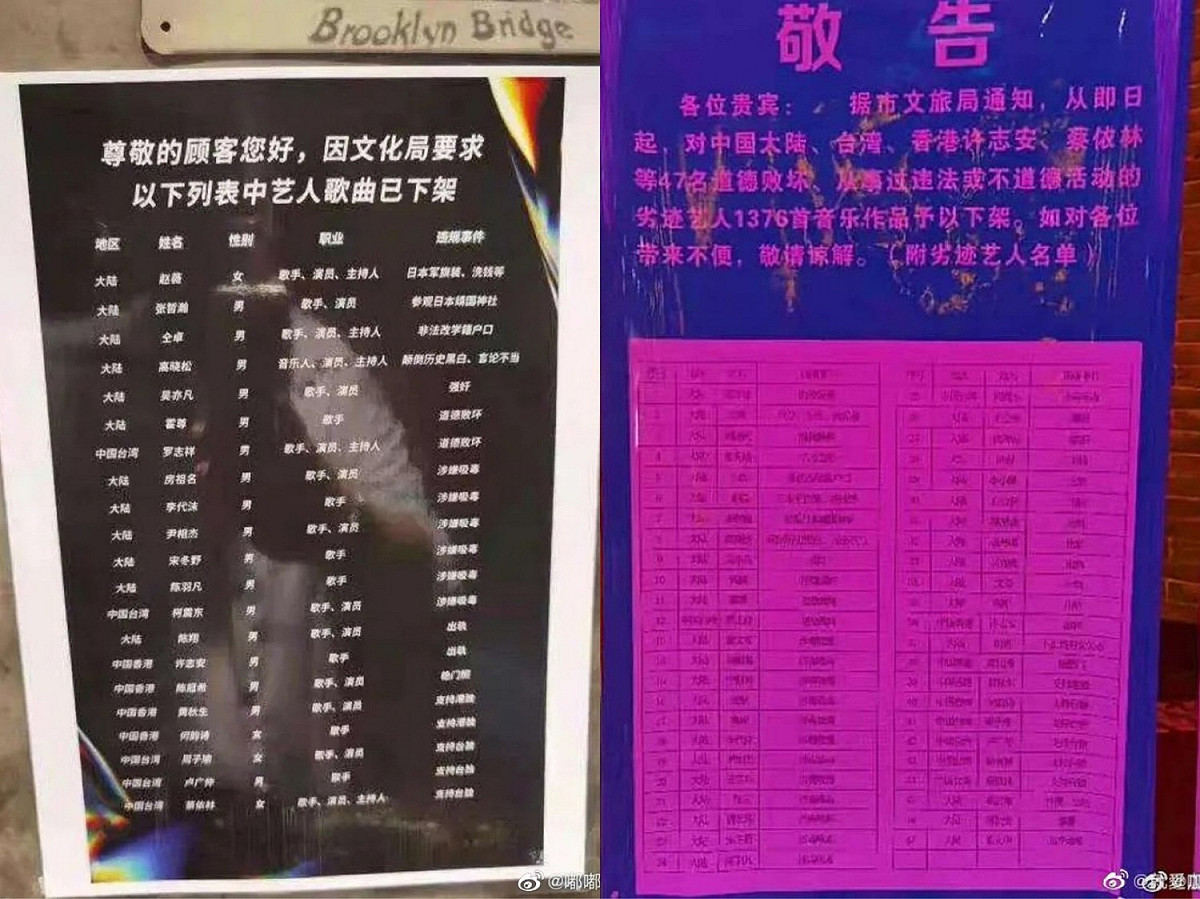 微博上瘋傳一個「KTV封殺藝人名單」。 圖:翻攝自微博