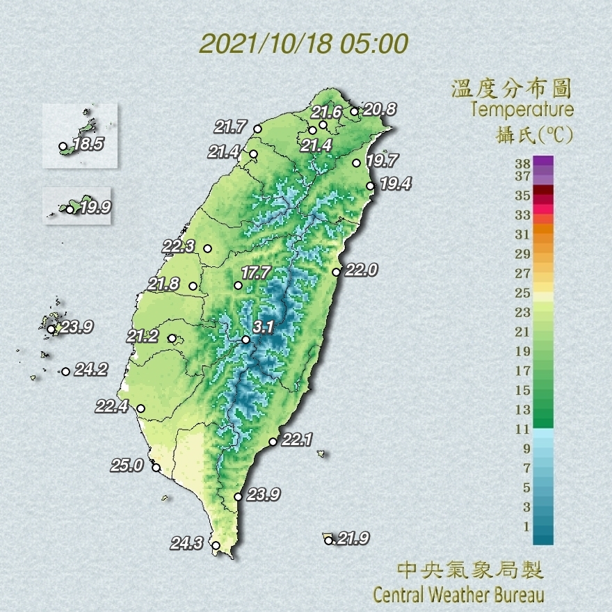 今日清晨全台溫度。 圖：氣象局／提供
