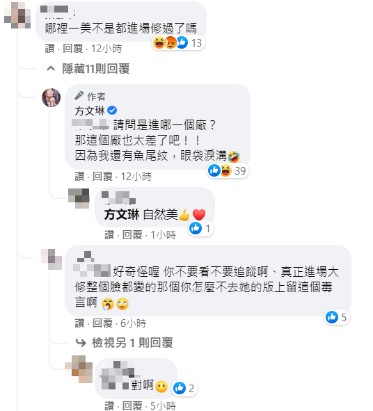 有網友在留言區質問「哪裡美不是都進場修過了嗎」，方文琳以自嘲的方式回覆對方，相當高EQ。 圖：翻攝自方文琳臉書