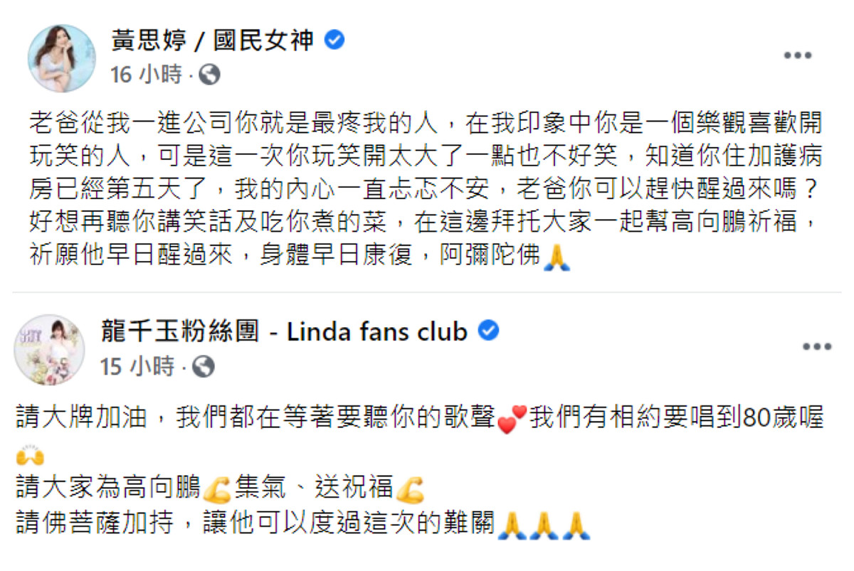 台語歌手黃思婷和龍千玉都發文替高向鵬集氣。 圖：翻攝自黃思婷、龍千玉臉書