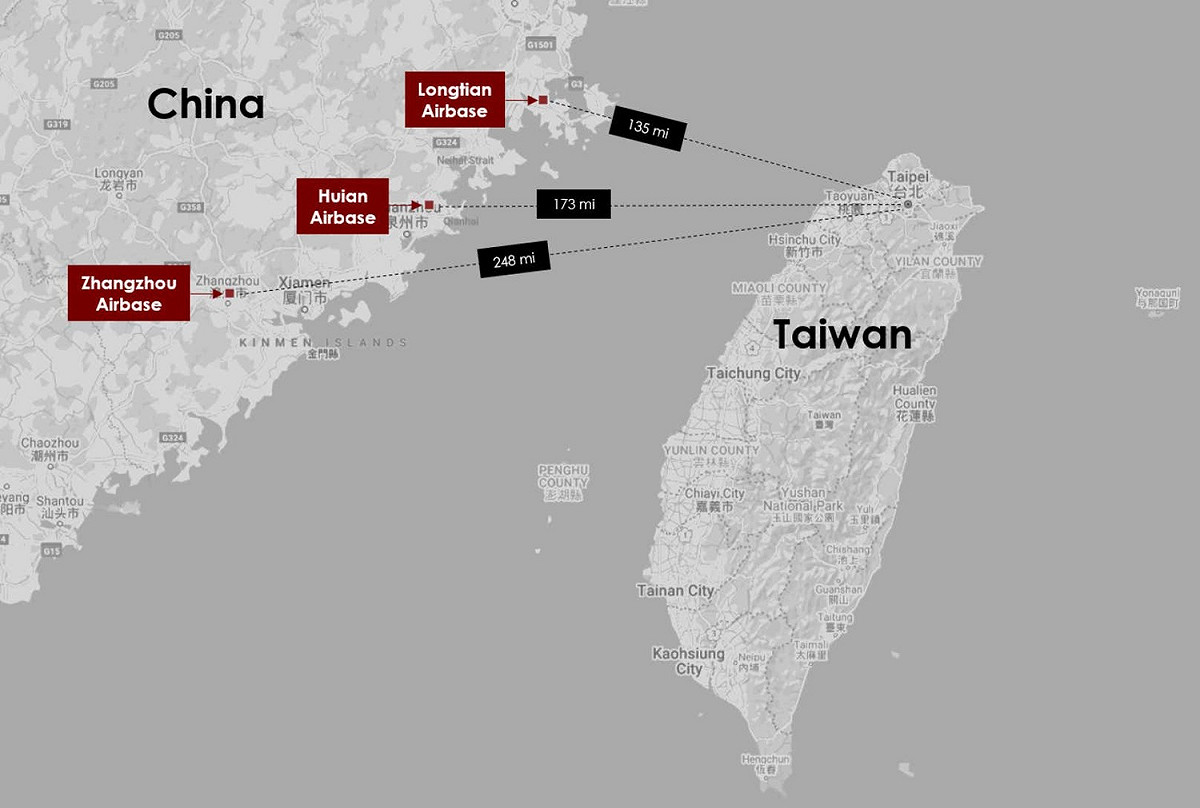 中國正在升級空軍基地，三個地點分別為距離台灣 120 到 320 公里的龍田、惠安和漳州。 圖 : 翻攝自《美國科技和軍事網》