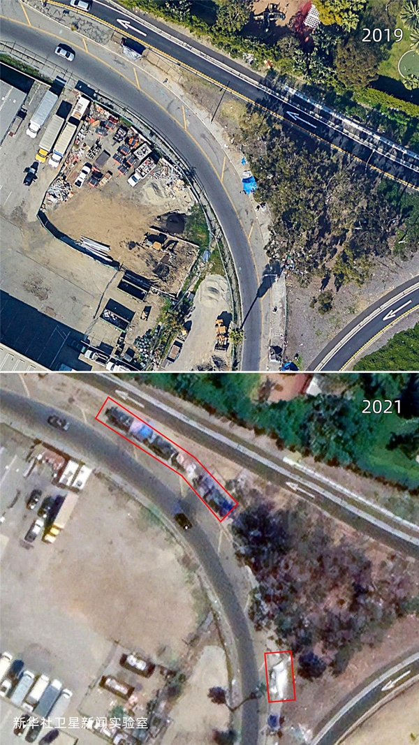 美國無家可歸者增多，即便是道路中間的一小塊綠地也有增加的帳篷。 圖：翻攝自新華網
