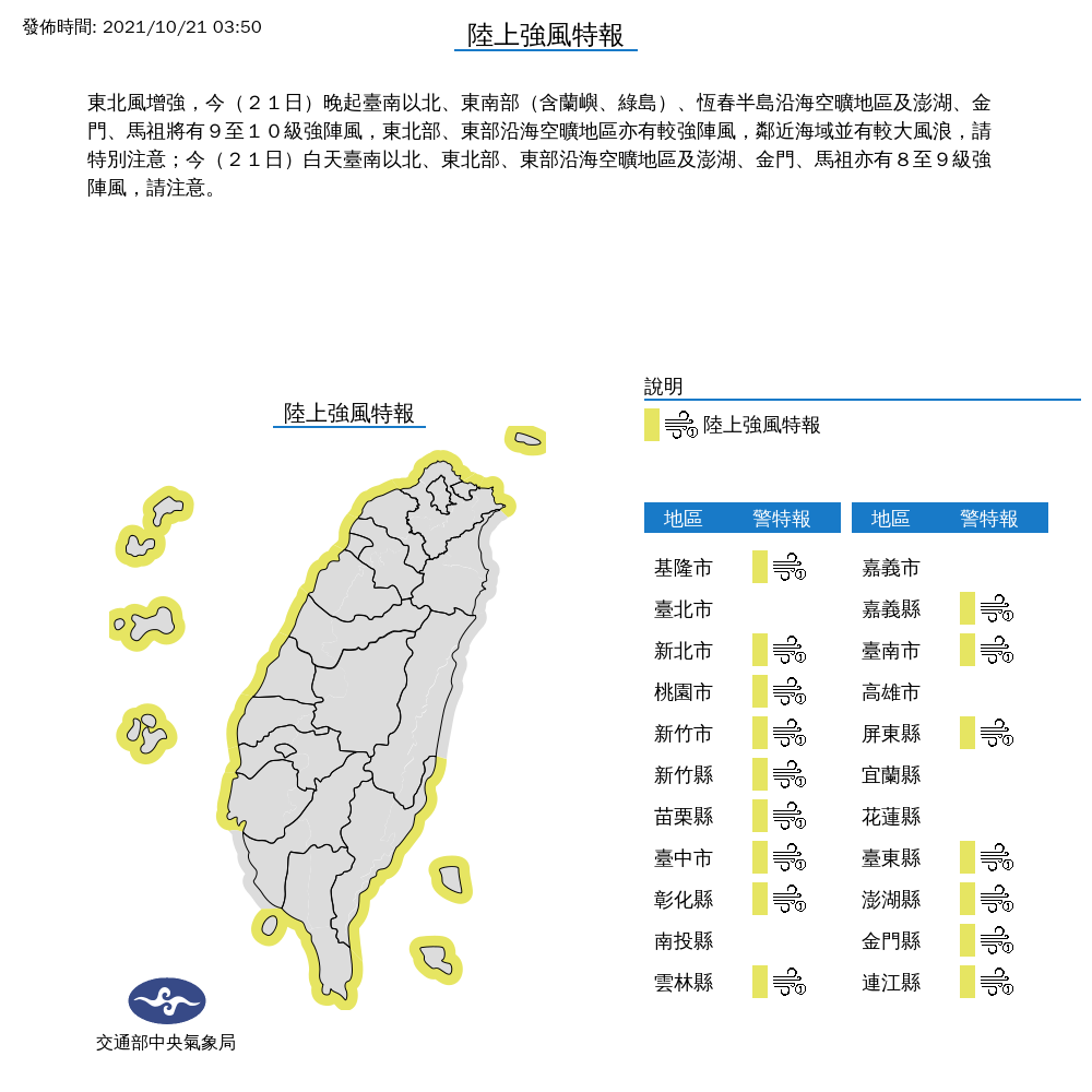 今天台南以北到東北海岸，以及屏東、台東等16縣市將有9至10級強陣風，中央氣象局發布陸上強風特報。 圖：中央氣象局/提供